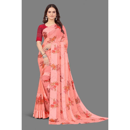 Generic Women's Satin Patta Printed Saree With Unstitched Blouse (Peach)