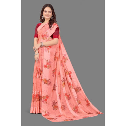 Generic Women's Satin Patta Printed Saree With Unstitched Blouse (Peach)