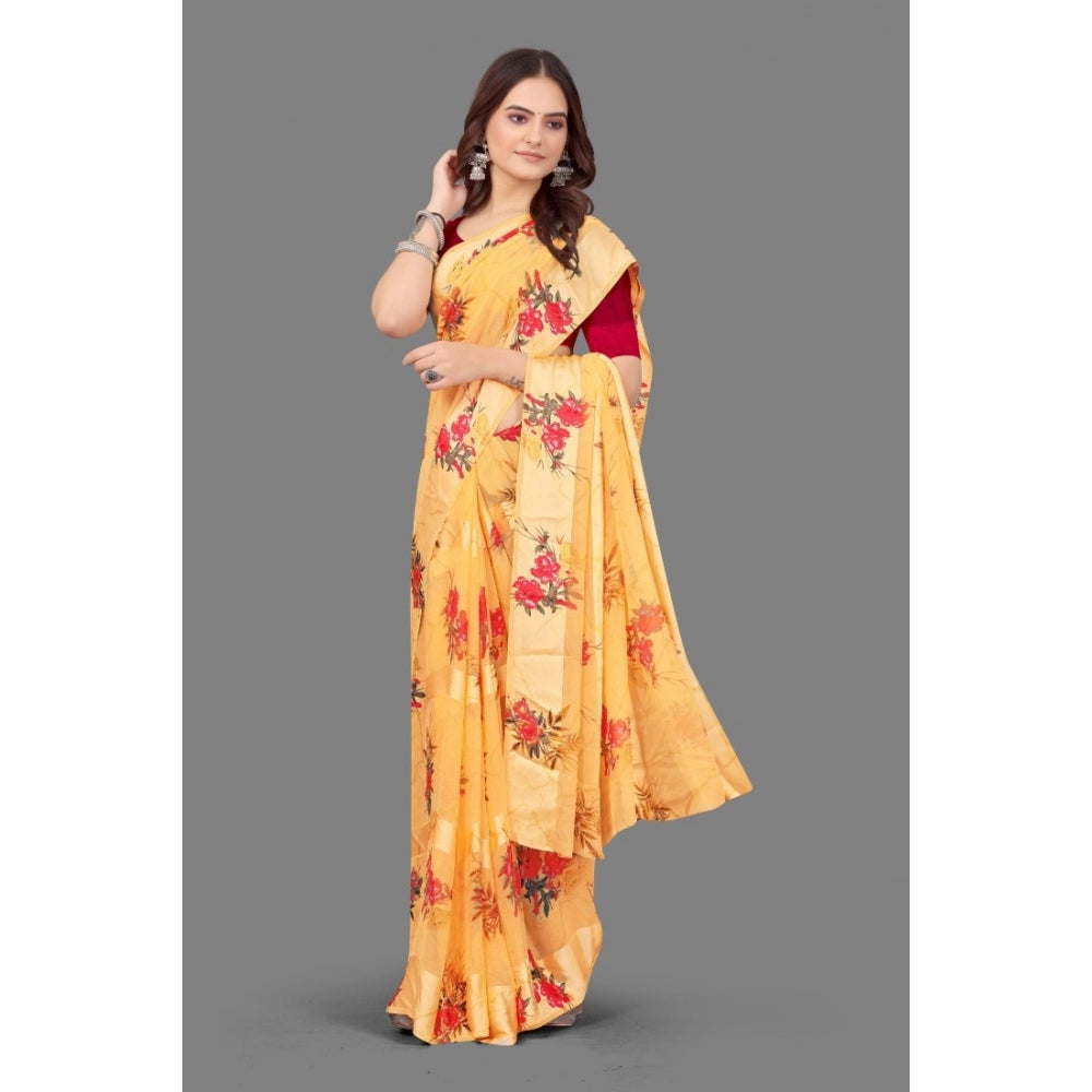 Generic Women's Satin Patta Printed Saree With Unstitched Blouse (Beige)