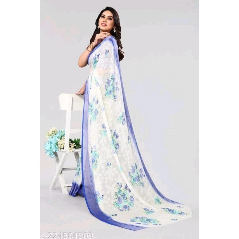 Generic Women's Viscose Rayon Printed Saree With Unstitched Blouse (Blue)