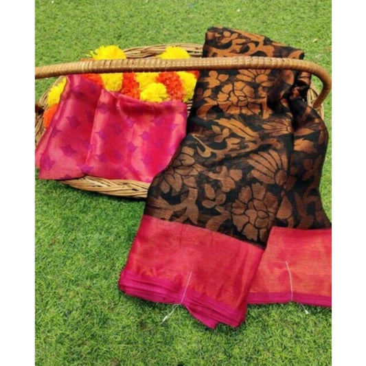 Generic Women's Viscose Rayon Printed Saree With Unstitched Blouse (Black Pink)