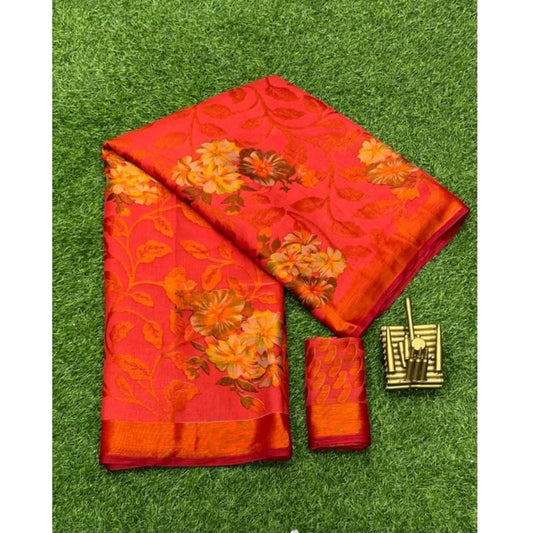 Generic Women's Viscose Rayon Printed Saree With Unstitched Blouse (Red)