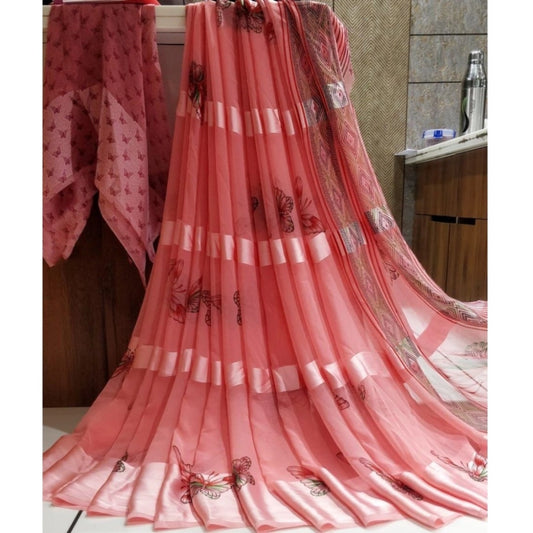 Generic Women's Satin Patta Printed Saree With Unstitched Blouse (Pink)