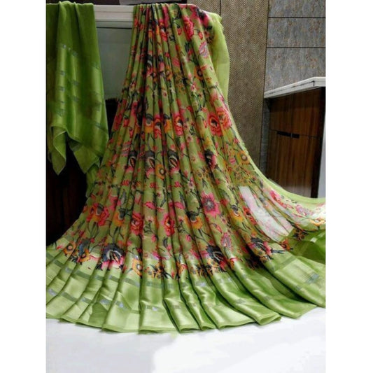 Generic Women's Satin Patta Printed Saree With Unstitched Blouse (Green)