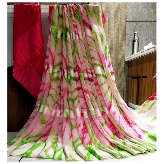 Generic Women's Satin Patta Printed Saree With Unstitched Blouse (Pink)