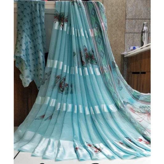 Generic Women's Satin Patta Printed Saree With Unstitched Blouse (Skyblue)