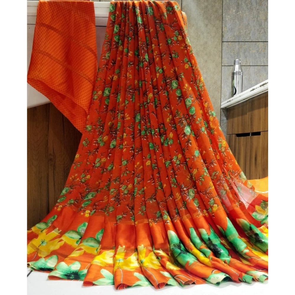 Generic Women's Satin Patta Printed Saree With Unstitched Blouse (Orange)