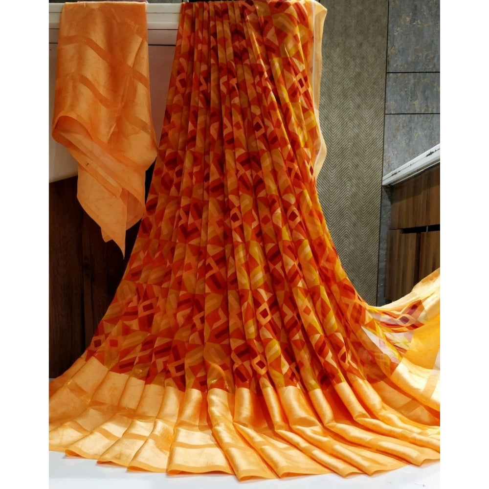 Generic Women's Satin Patta Printed Saree With Unstitched Blouse (Orange)