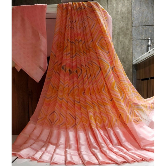 Generic Women's Satin Patta Printed Saree With Unstitched Blouse (Peach)