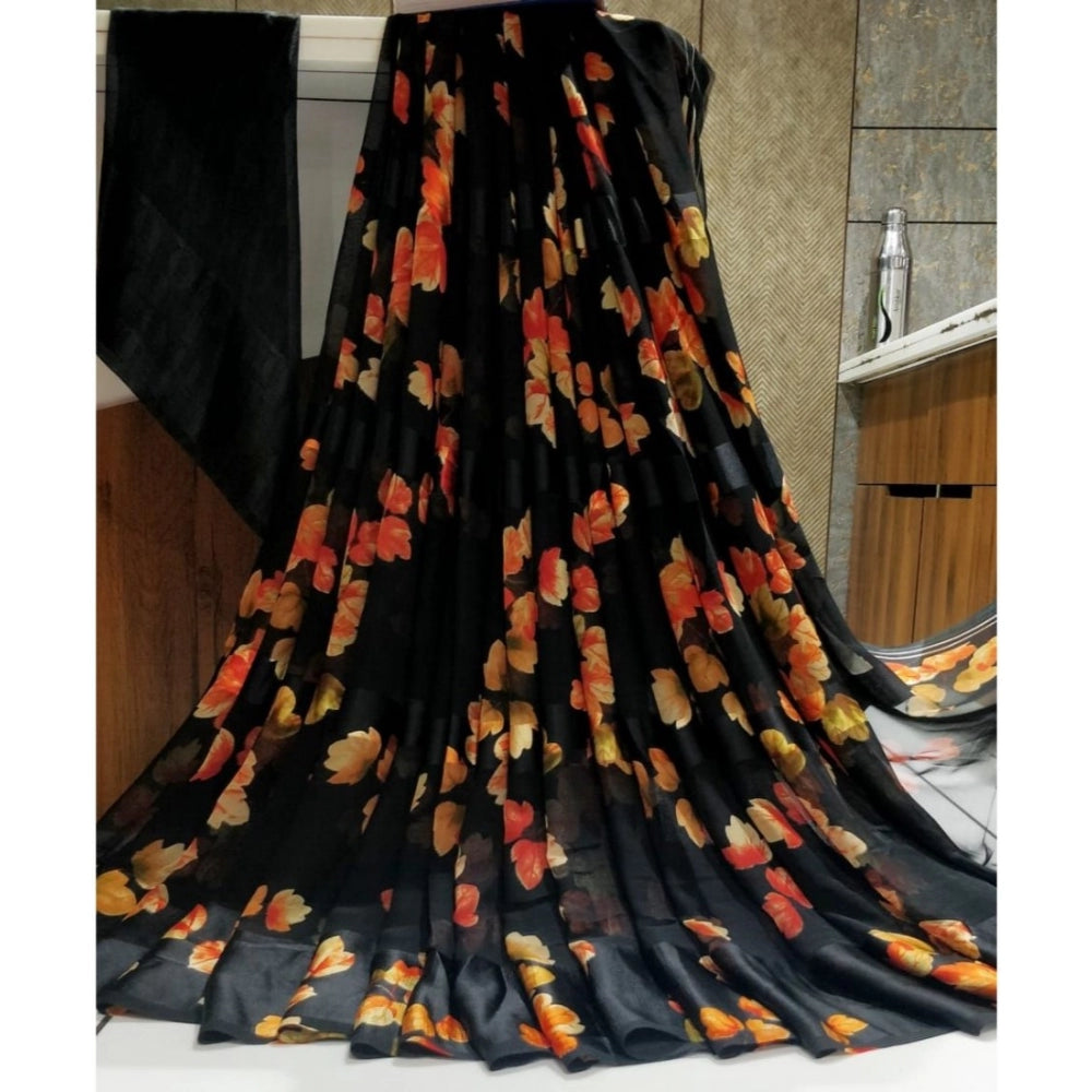 Generic Women's Satin Patta Printed Saree With Unstitched Blouse (Black)