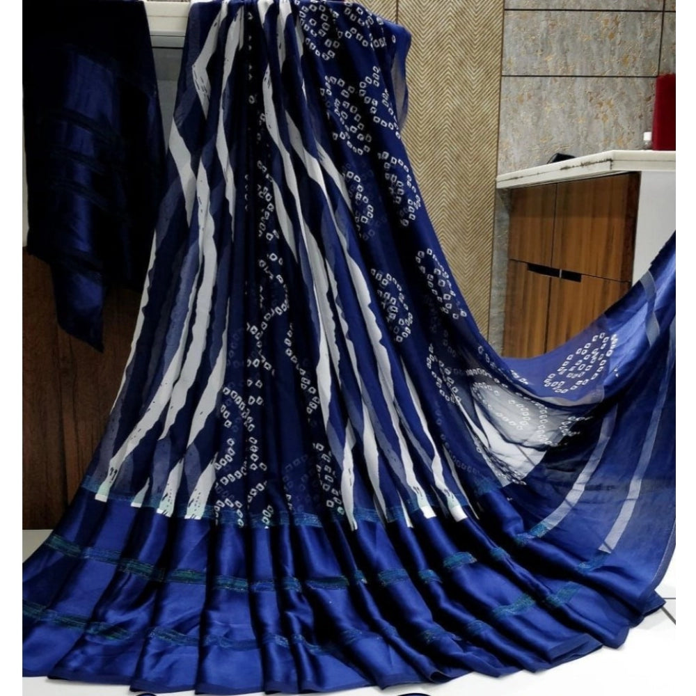 Generic Women's Satin Patta Printed Saree With Unstitched Blouse (Blue)