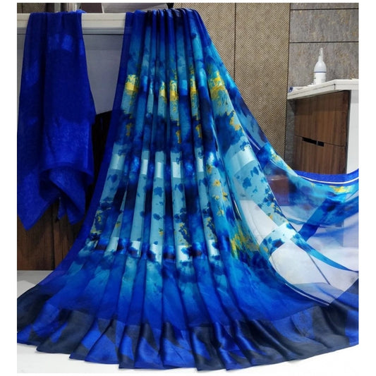 Generic Women's Satin Patta Printed Saree With Unstitched Blouse (Blue)