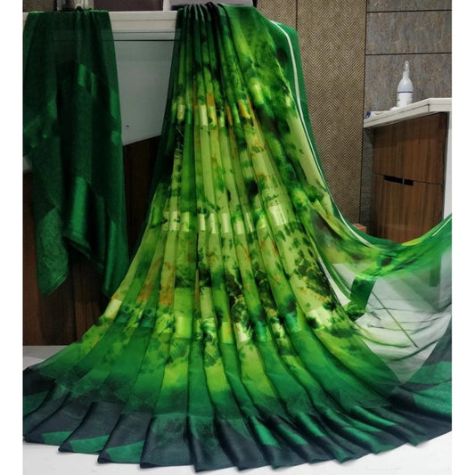 Generic Women's Satin Patta Printed Saree With Unstitched Blouse (Green)