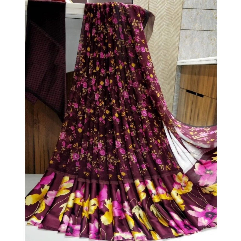 Generic Women's Satin Patta Printed Saree With Unstitched Blouse (Purple)