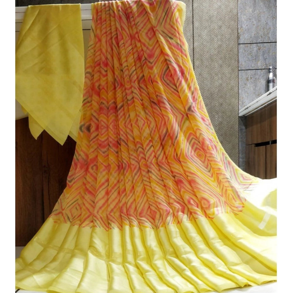 Generic Women's Satin Patta Printed Saree With Unstitched Blouse (Yellow)