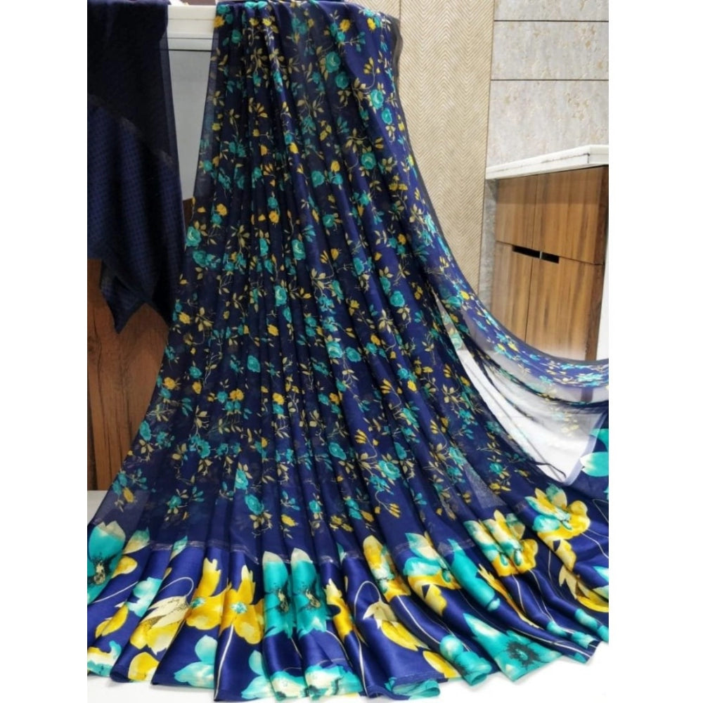 Generic Women's Satin Patta Printed Saree With Unstitched Blouse (Blue)