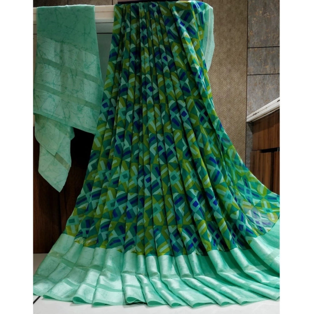 Generic Women's Satin Patta Printed Saree With Unstitched Blouse (Teal)