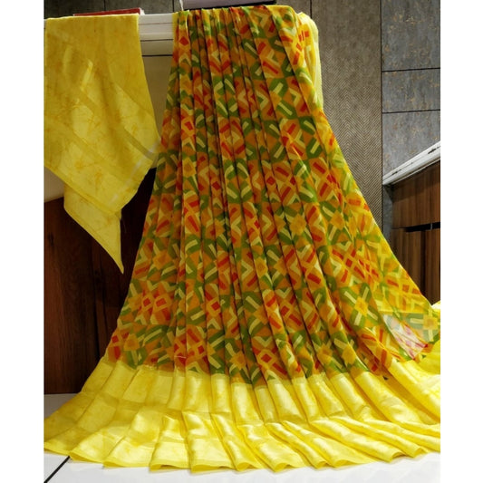 Generic Women's Satin Patta Printed Saree With Unstitched Blouse (Yellow)