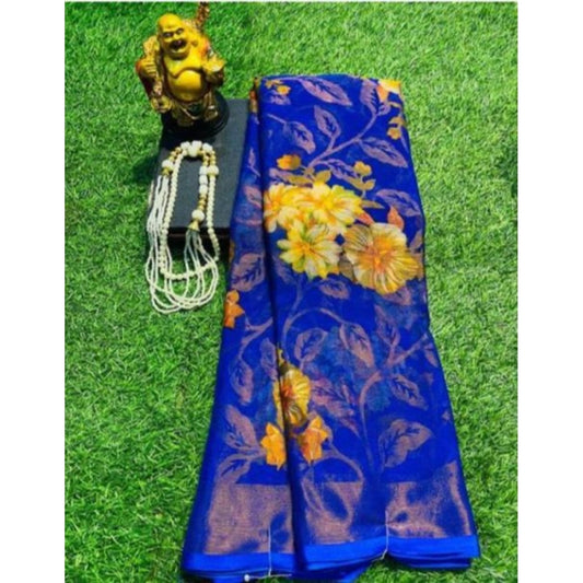 Generic Women's Viscose Rayon Printed Saree With Unstitched Blouse (Royal Blue)