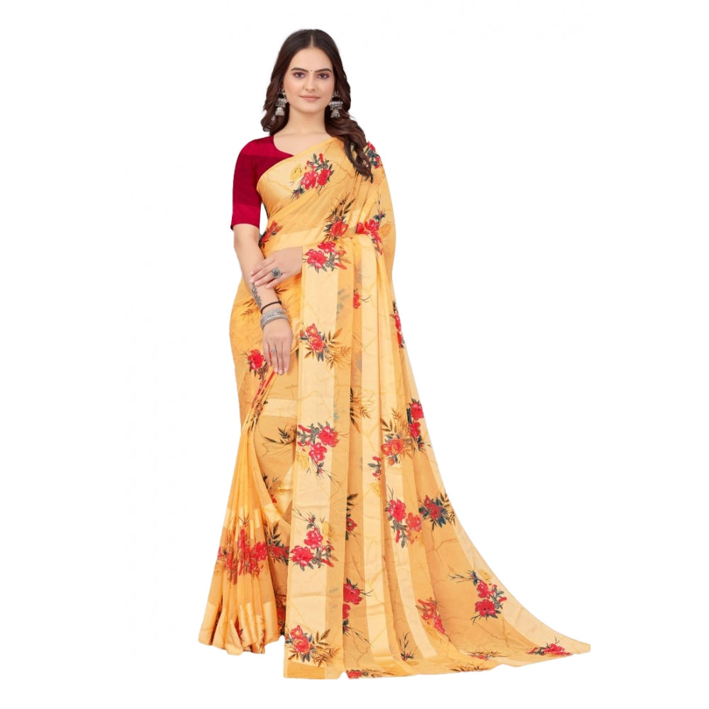 Generic Women's Satin Patta Printed Saree With Unstitched Blouse (Beige)