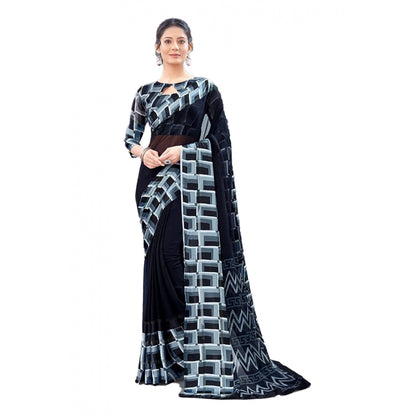 Generic Women's Satin Patta Printed Saree With Unstitched Blouse (Black)