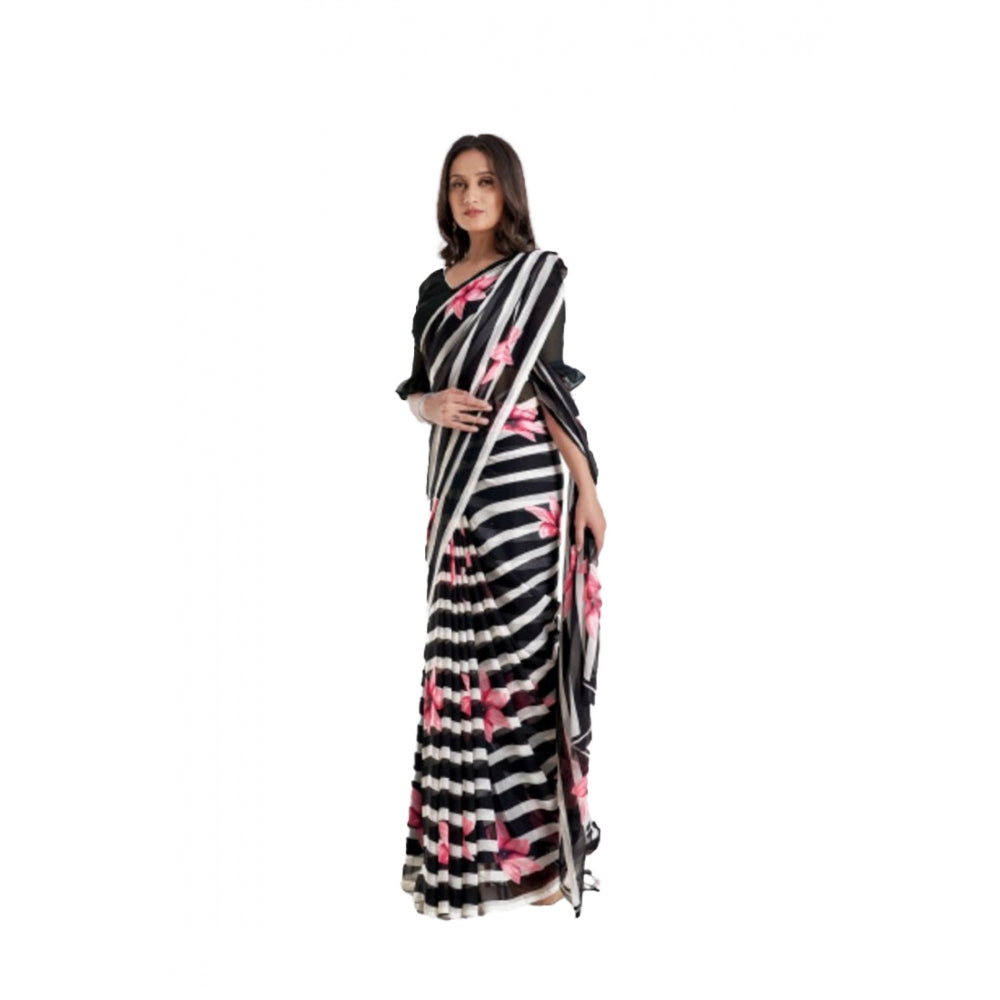 Generic Women's Georgette Printed Saree With Unstitched Blouse (Black)