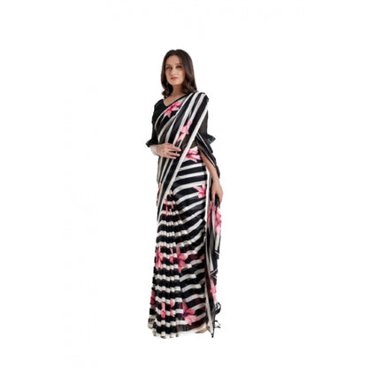 Generic Women's Georgette Printed Saree With Unstitched Blouse (Black)