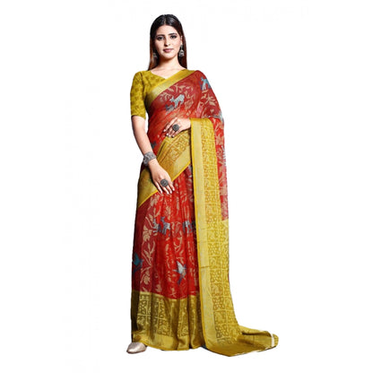 Generic Women's Viscose Rayon Printed Saree With Unstitched Blouse (Red)