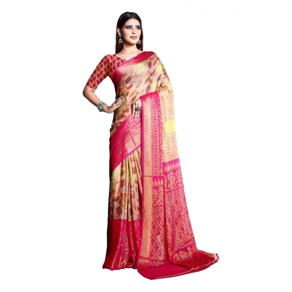 Generic Women's Viscose Rayon Printed Saree With Unstitched Blouse (Pink)