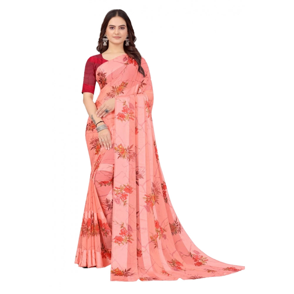 Generic Women's Satin Patta Printed Saree With Unstitched Blouse (Peach)