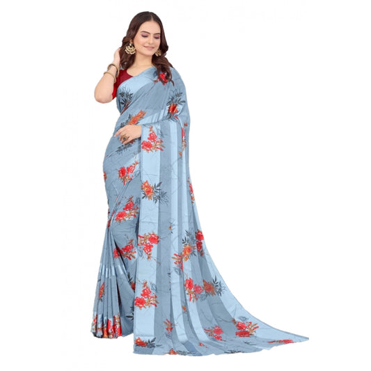 Generic Women's Satin Patta Printed Saree With Unstitched Blouse (Grey)