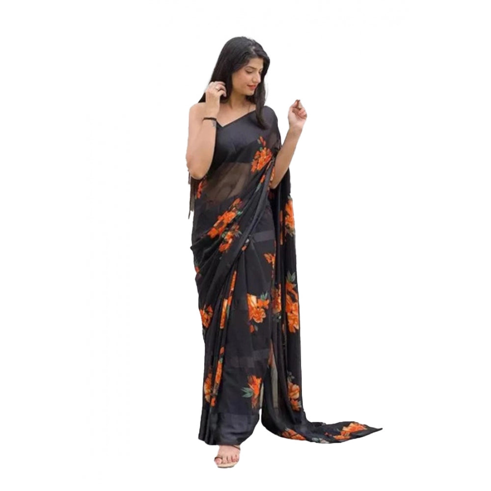 Generic Women's Satin Patta Printed Saree With Unstitched Blouse (Orange)