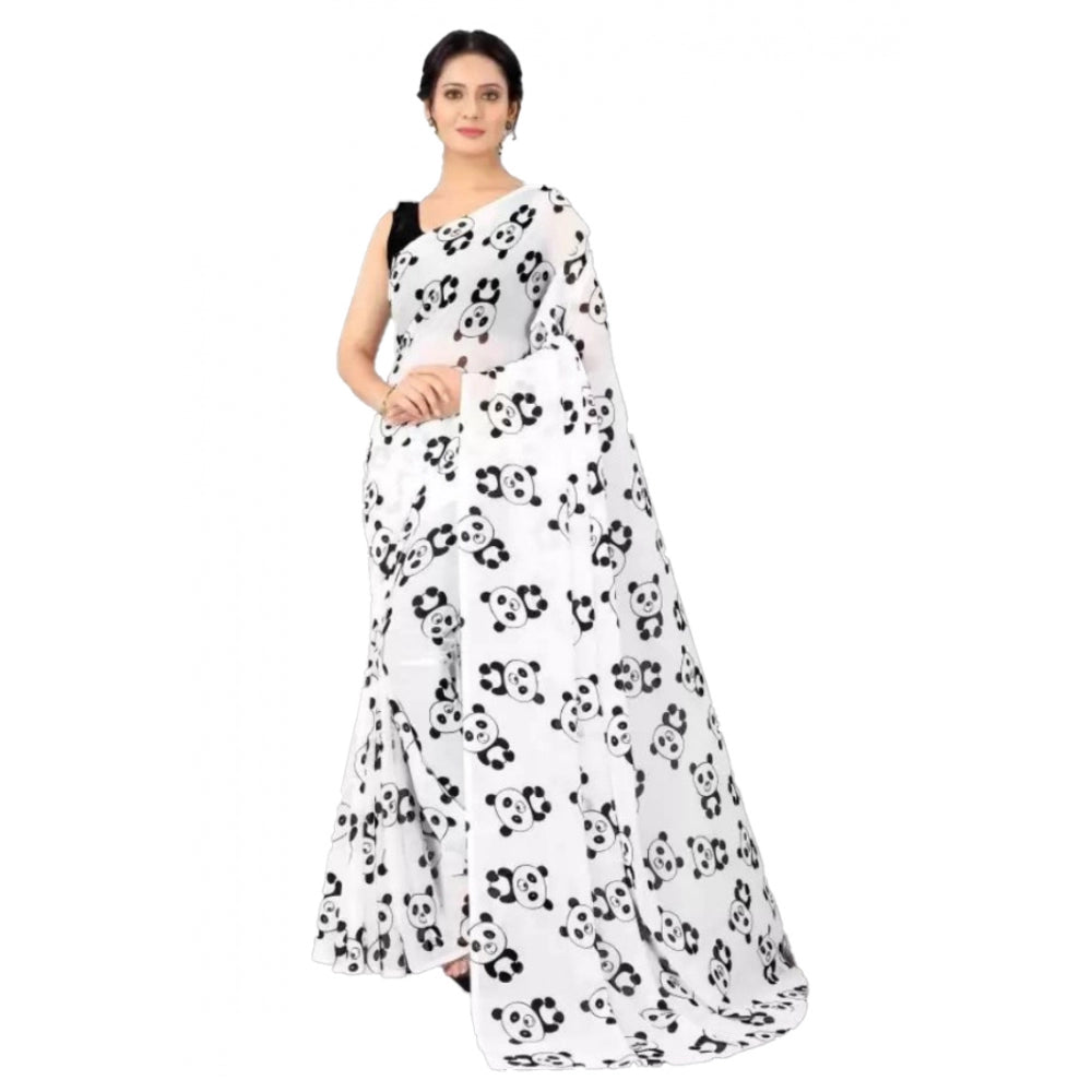 Generic Women's Georgette Printed Saree With Unstitched Blouse (White)