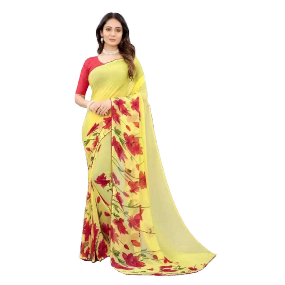 Generic Women's Georgette Printed Saree With Unstitched Blouse (Yellow)