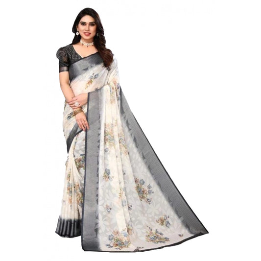 Generic Women's Viscose Rayon Printed Saree With Unstitched Blouse (Black)