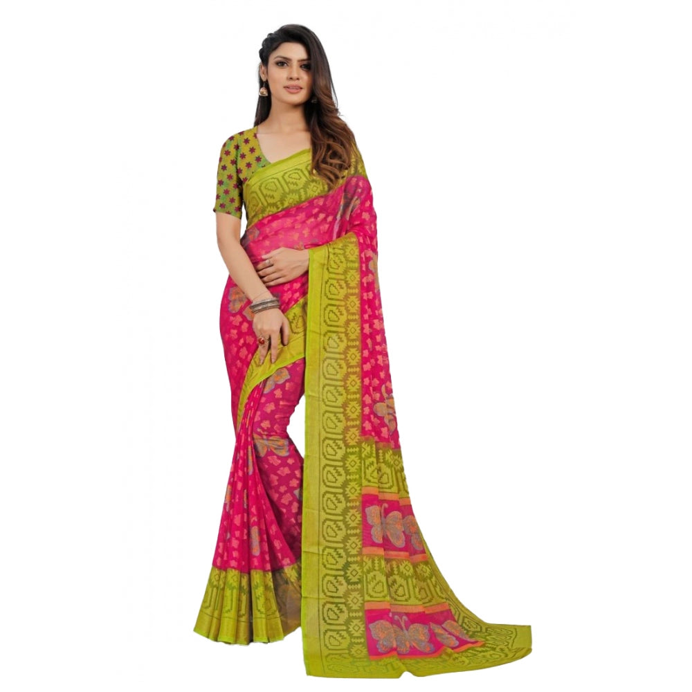 Generic Women's Viscose Rayon Printed Saree With Unstitched Blouse (Pink)