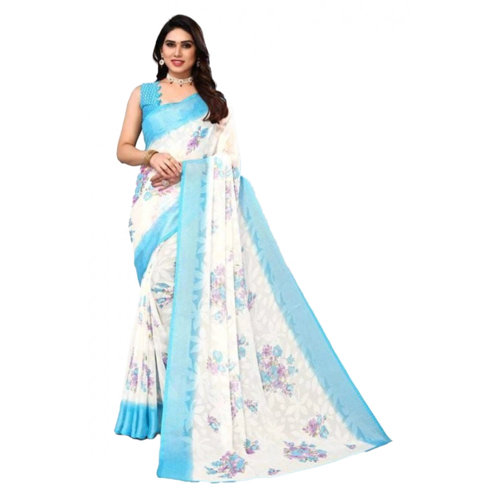 Generic Women's Viscose Rayon Printed Saree With Unstitched Blouse (Sky Blue)