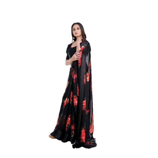 Generic Women's Satin Patta Printed Saree With Unstitched Blouse (Red)