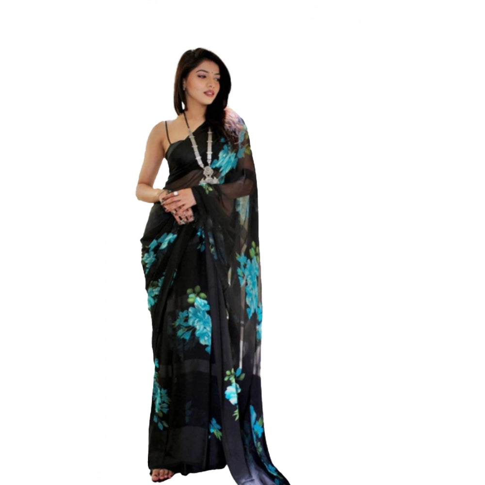 Generic Women's Satin Patta Printed Saree With Unstitched Blouse (Blue)