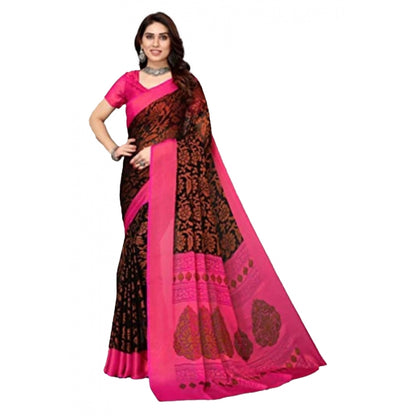 Generic Women's Viscose Rayon Printed Saree With Unstitched Blouse (Black)