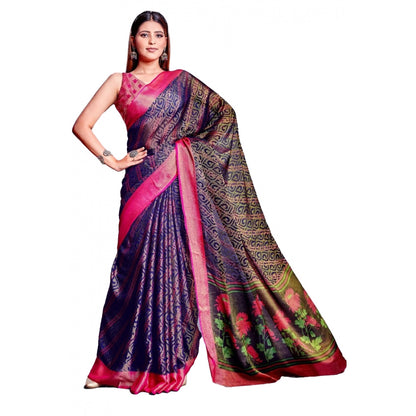 Generic Women's Viscose Rayon Printed Saree With Unstitched Blouse (Navy Blue)