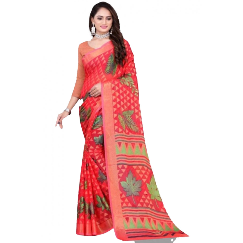 Generic Women's Viscose Rayon Printed Saree With Unstitched Blouse (Red)