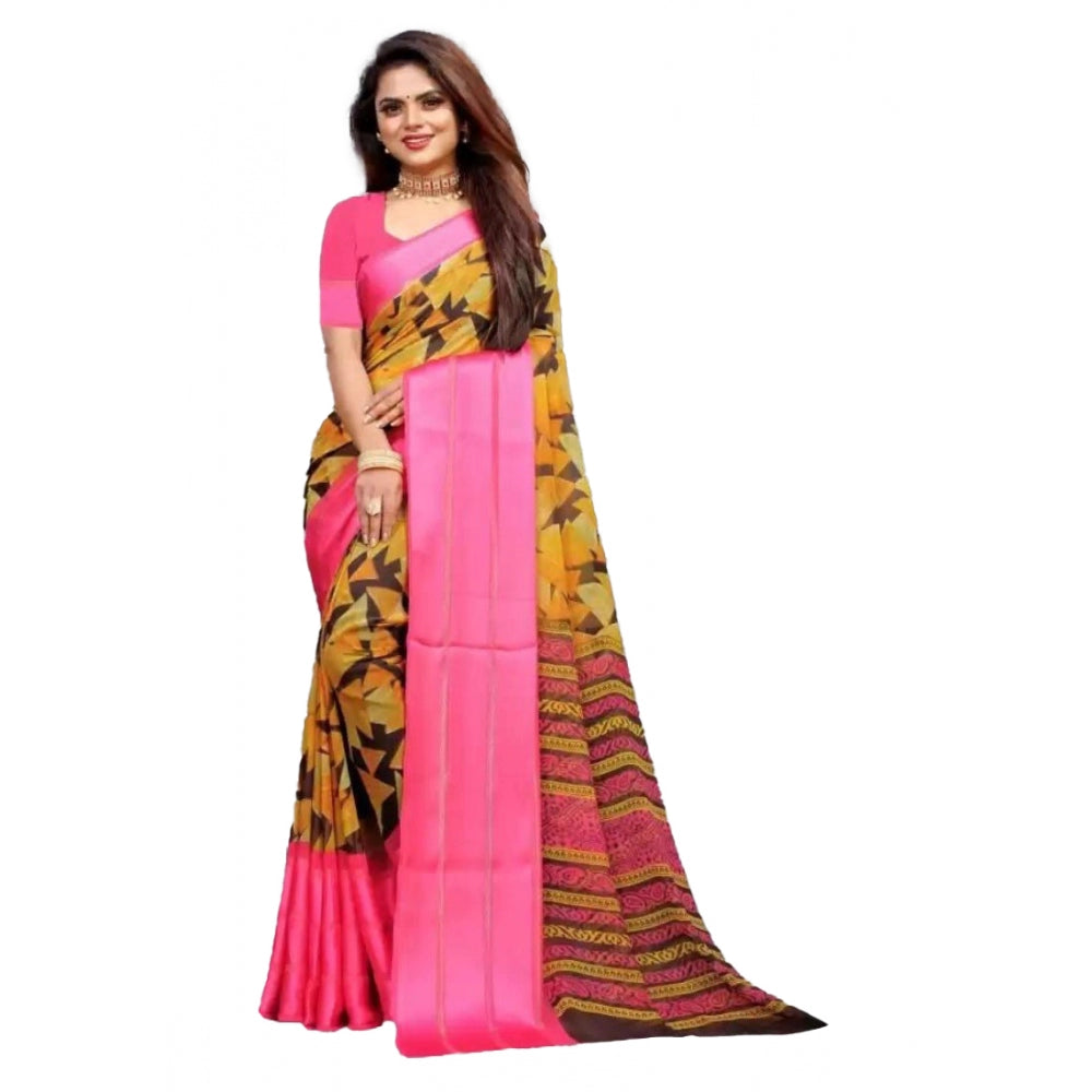 Generic Women's Satin Patta Printed Saree With Unstitched Blouse (Pink)