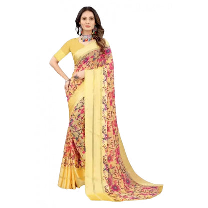 Generic Women's Satin Patta Printed Saree With Unstitched Blouse (Yellow)