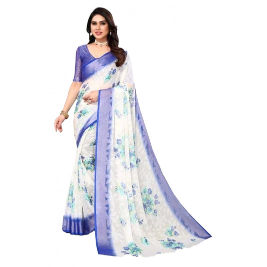 Generic Women's Viscose Rayon Printed Saree With Unstitched Blouse (Blue)