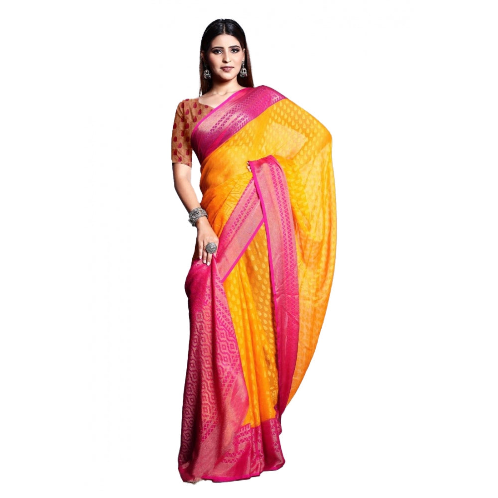 Generic Women's Viscose Rayon Printed Saree With Unstitched Blouse (Yellow)