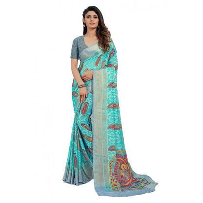 Generic Women's Viscose Rayon Printed Saree With Unstitched Blouse (Sky Blue)