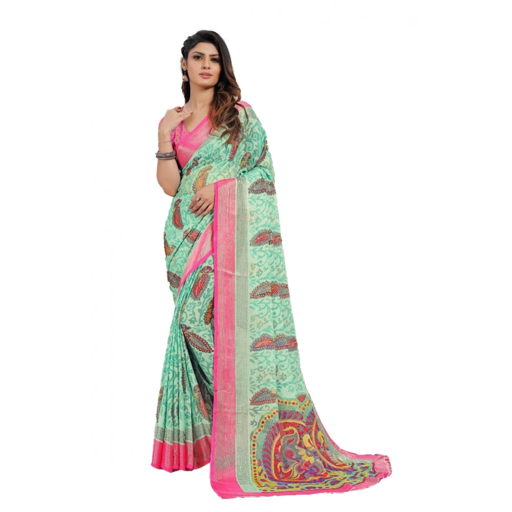 Generic Women's Viscose Rayon Printed Saree With Unstitched Blouse (Teal)