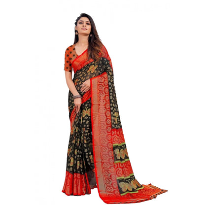 Generic Women's Viscose Rayon Printed Saree With Unstitched Blouse (Black)