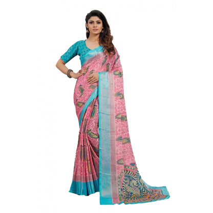 Generic Women's Viscose Rayon Printed Saree With Unstitched Blouse (Pink)